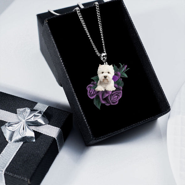 West Highland White Terrier In Purple Rose Stainless Steel Necklace