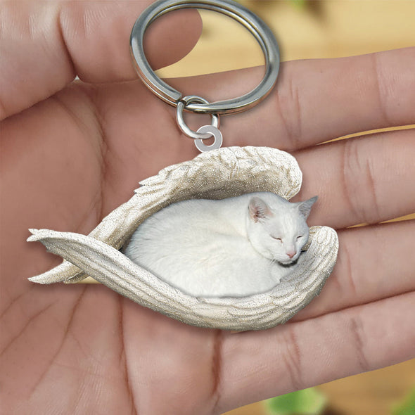 White Cat Sleeping Angel Acrylic Keychain