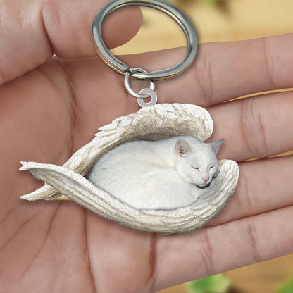 White Cat Sleeping Angel Acrylic Keychain