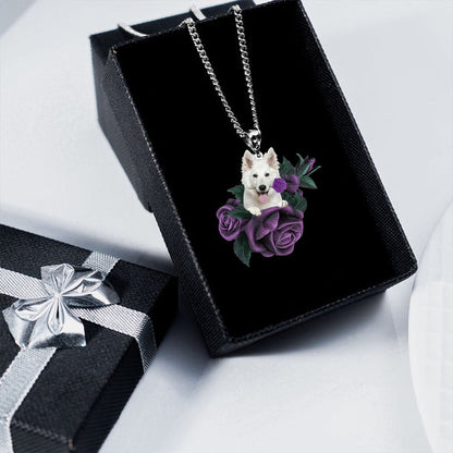 White German Shepherd In Purple Rose Stainless Steel Necklace