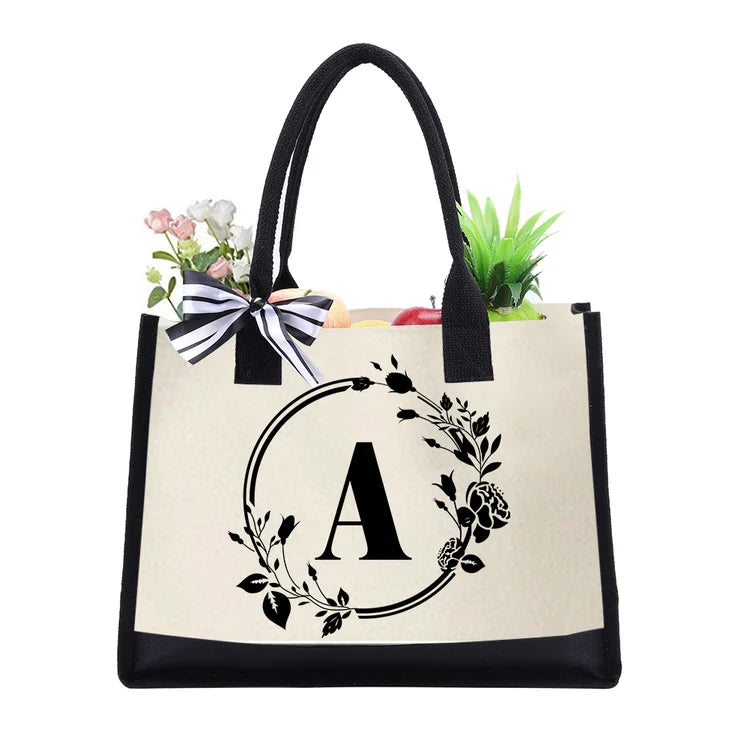 Letter Canvas Bag Women Hit Color Simple Shoulder Shopping Tote Handbag