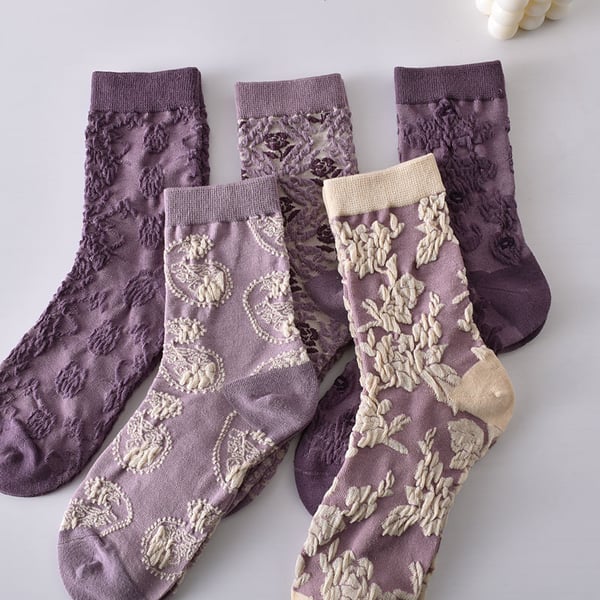 Black Friday Sale 50 % RABATT – 5 Paar violette Baumwollsocken mit Vintage-Blumenmuster für Damen