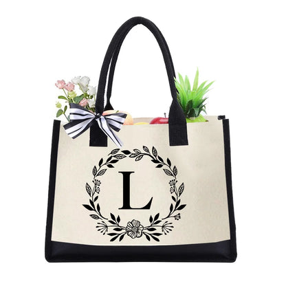 Letter Canvas Bag Women Hit Color Simple Shoulder Shopping Tote Handbag