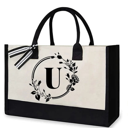 Letter Canvas Bag Women Hit Color Simple Shoulder Shopping Tote Handbag