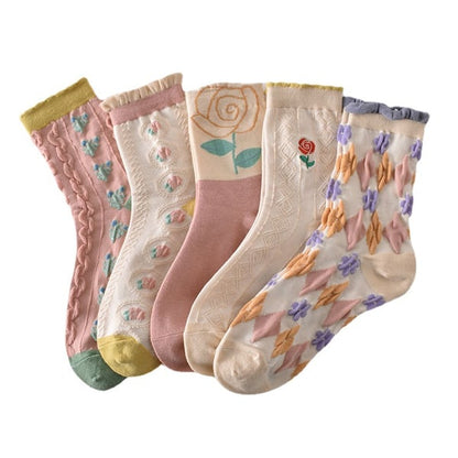 Black Friday Soldes -50%-5 paires de chaussettes femme en coton fleuri rose