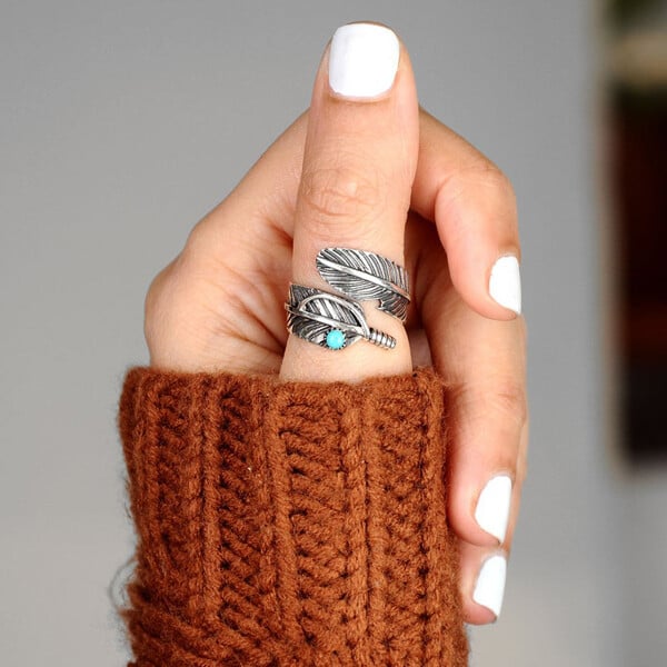 🔥 Last Day Promotion 75% OFF🎁Boho Feather Turquoise Adjustable Ring