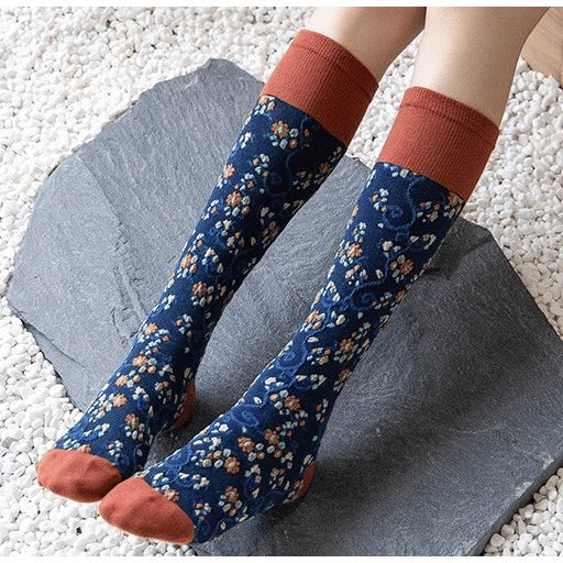 Black Friday Sale 50% de réduction-4 paires de chaussettes longues en coton à fleurs pour femmes