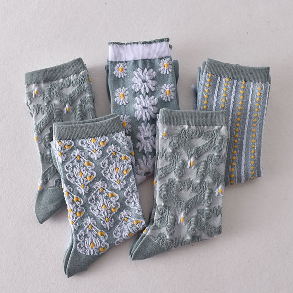 Black Friday Sale 50% OFF-5 paires de chaussettes bleues élégantes en coton à fleurs en relief pour femmes