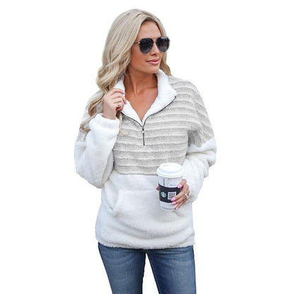 Women's Fashion Plush New V-neck Zipper Long-sleeved Color-blocking Warm Sweater