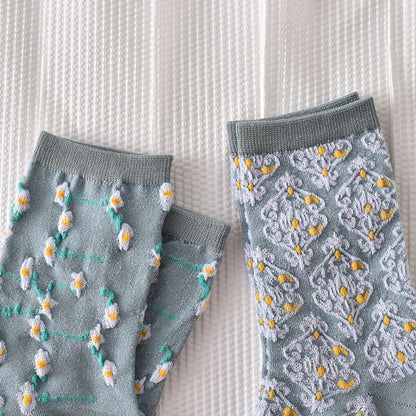 Black Friday Sale 50% OFF-5 paires de chaussettes bleues élégantes en coton à fleurs en relief pour femmes