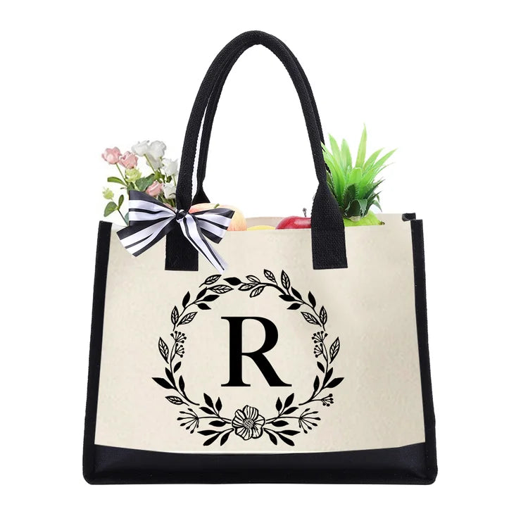 Letter Canvas Bag Women Hit Color Simple Shoulder Shopping Tote Handbag