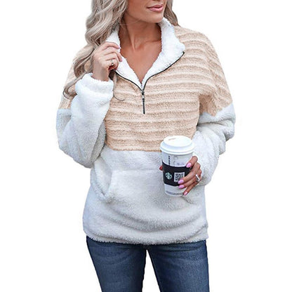 Women's Fashion Plush New V-neck Zipper Long-sleeved Color-blocking Warm Sweater