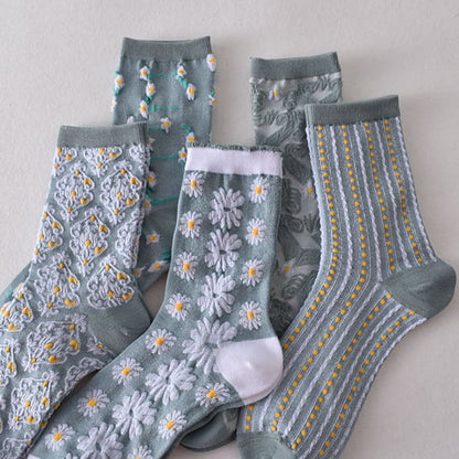 Black Friday Sale 50% OFF-5 paires de chaussettes bleues élégantes en coton à fleurs en relief pour femmes