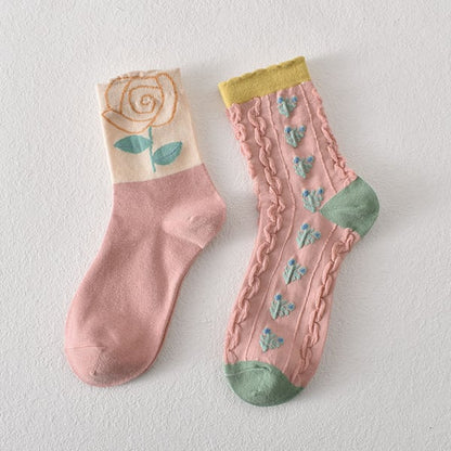 Black Friday Soldes -50%-5 paires de chaussettes femme en coton fleuri rose