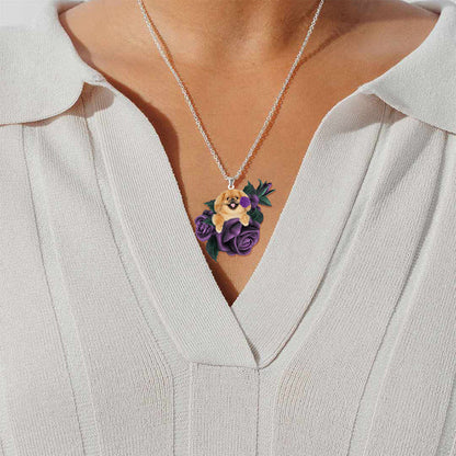 Pekingese In Purple Rose Stainless Steel Necklace