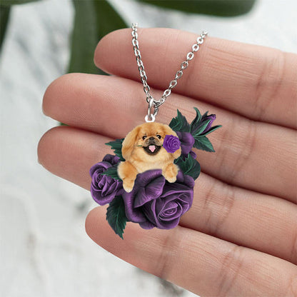 Pekingese In Purple Rose Stainless Steel Necklace