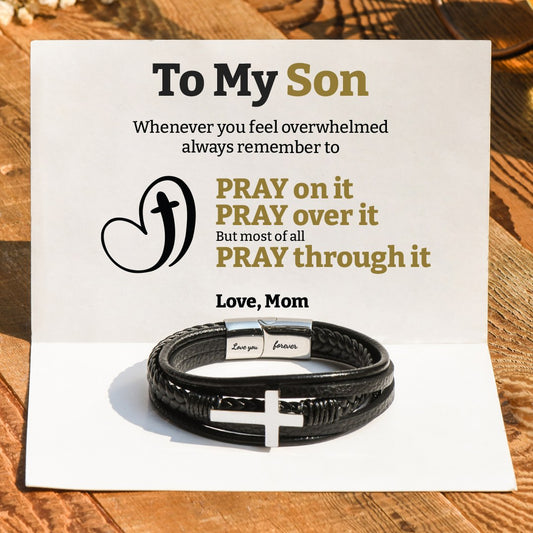 To My Son Pray Through It Leather Cross Bracelet